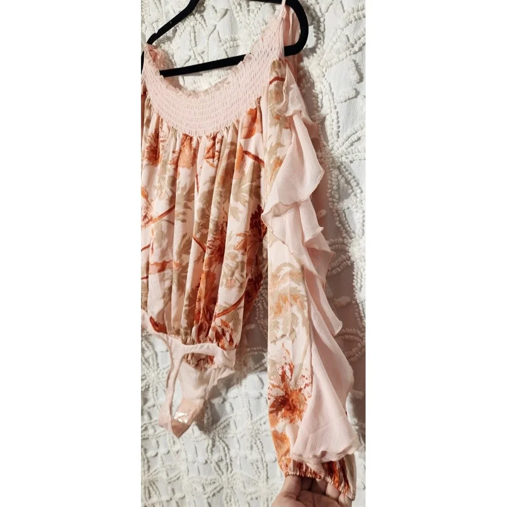 Free People Bodysuit Womens S Coral Lotus Flora Dressy Going Out Feminine Ruffle - Picture 7 of 11